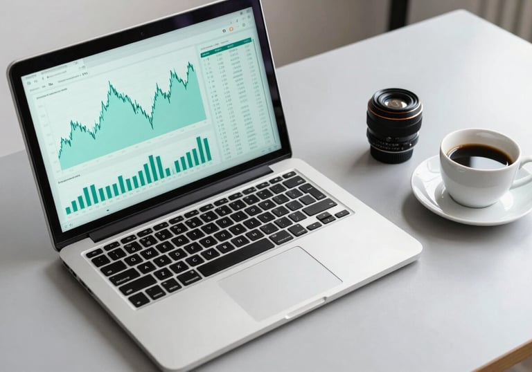 A clean, organized workspace with a high-end laptop showing financial charts in seafoam teal and a cup of black coffee on a light grey desk.