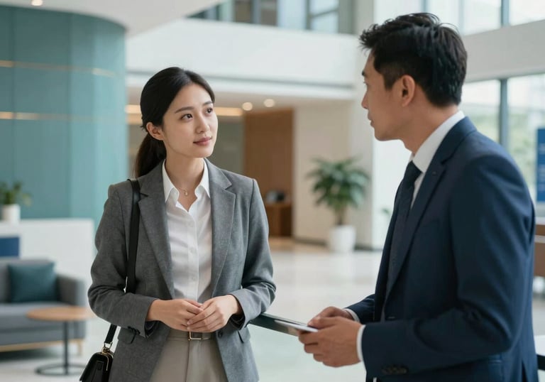 A professional portrait of two financial partners in conversation in a bright, high-end office lobby. Accents of muted teal blue and bright steel blue appear in the decor, reflecting trust and expertise.