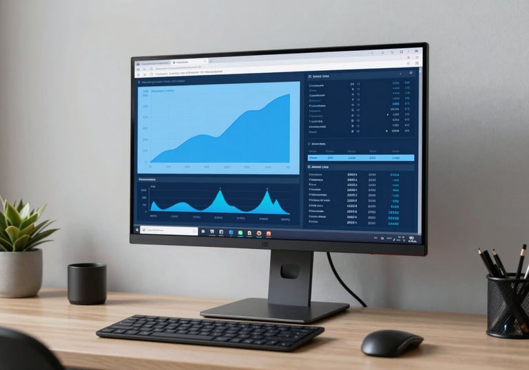 A minimalist and organized workspace in a European / French office with a premium monitor displaying data graphs in sky blue and dark navy shades.