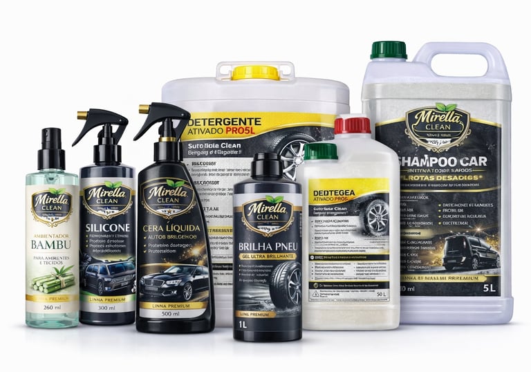 Linha automotiva Mirella Clean para lava jatos, garagens e limpeza profissional de veículos