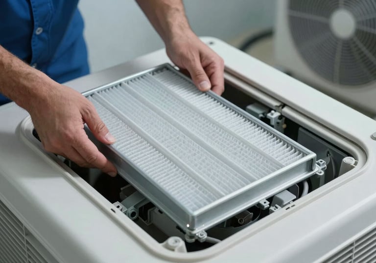 A clean, high-efficiency air filter being replaced in a modern HVAC system. Sterile and professional environment in a Latin American setting, blue and white tones.