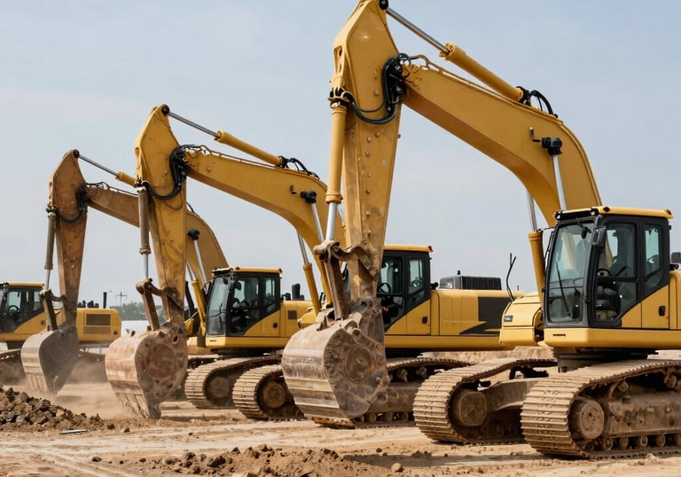 A dynamic shot of multiple earth-moving vehicles lined up on a North American construction site under a clear sky. High-quality commercial photography showing professional scale.