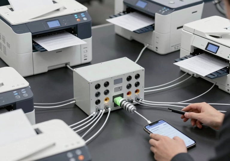 Office printer connected to a network, ready for multiple users.