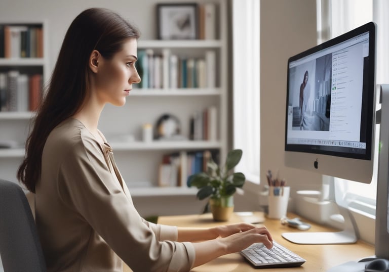 A professional working comfortably on a desktop computer with the deskclients.com CRM interface visible.
