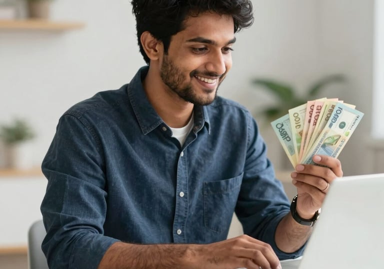 A small Indian business owner smiling confidently inside their shop, representing business loan support.