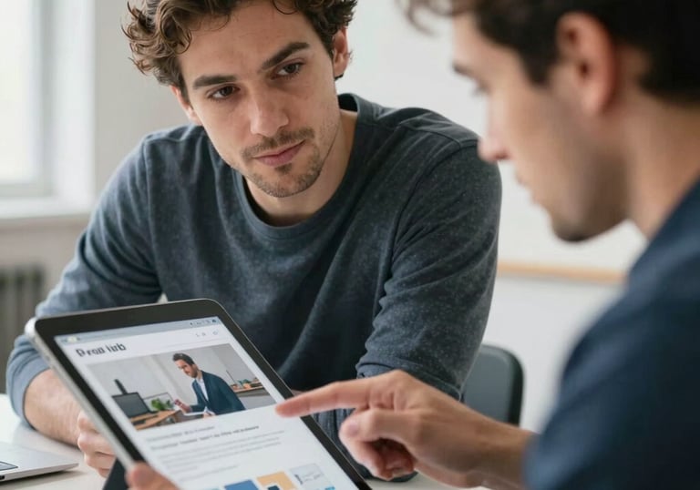 A close up of two professionals in a bright French studio discussing web design on a tablet, showing a collaborative and efficient atmosphere.