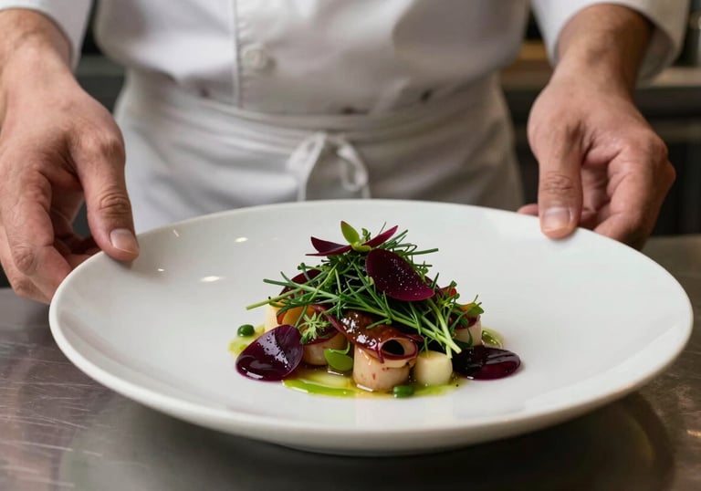 A close-up shot of an artisanal chef plating a dish in a modern kitchen. The colors are high-contrast with deep ripe crimson garnishes and forest green herbs on a crisp parchment plate.