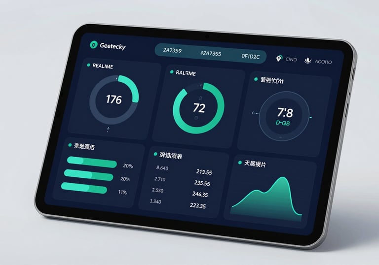 A digital 3D visualization of a smart energy monitoring dashboard on a tablet, showcasing real-time savings and efficiency metrics for a Geetecky client. Modern and tech-focused feel with #2A735E and #0F1D2C UI elements.