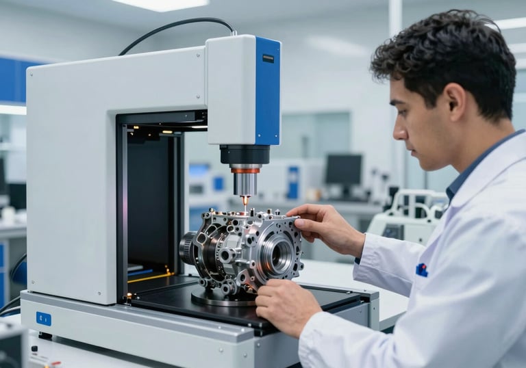 High-tech quality control lab featuring a technician using a 3D laser scanner on a complex engine part. The room is bright with white and neon blue accents, reflecting a high-standard Latin American / Spanish-speaking engineering environment.