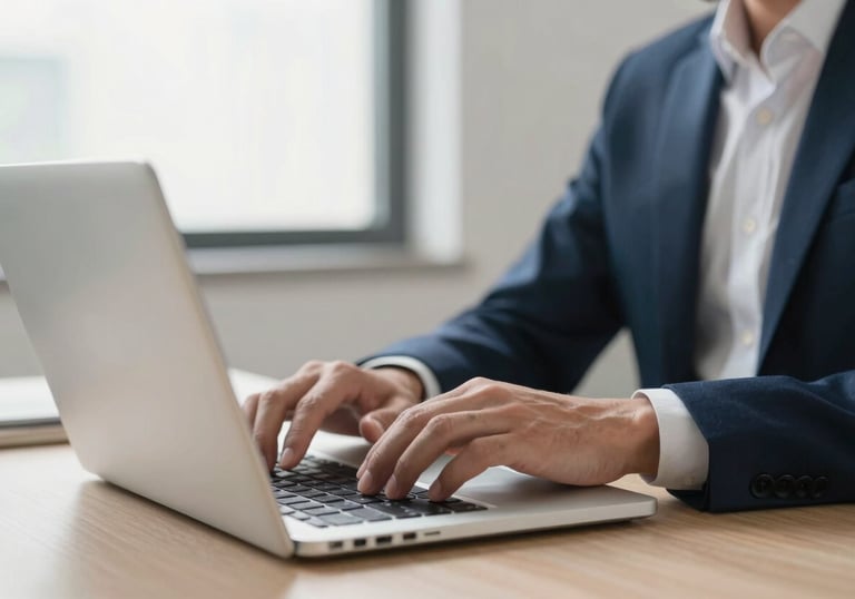 A lifestyle shot of a professional in an Italian office using a sleek laptop, focus on the device and hands, bright and airy atmosphere.