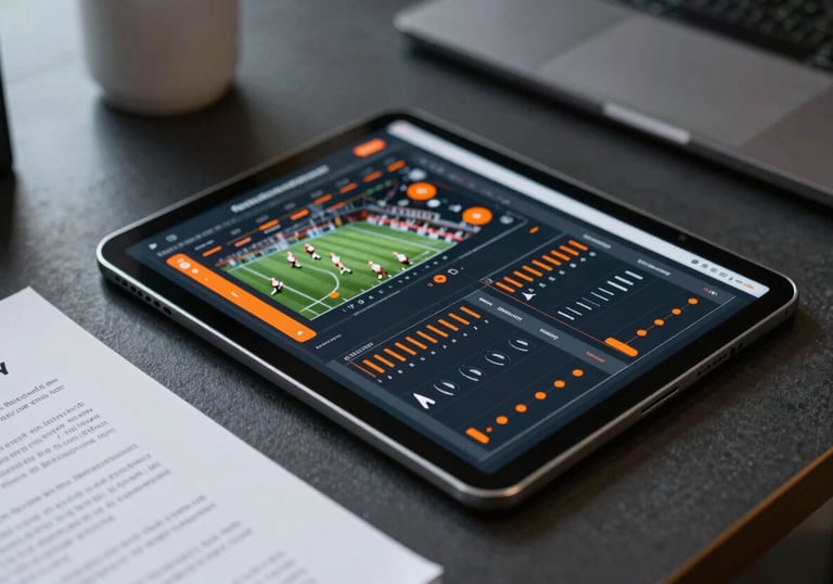A tablet on a dark desk showing sports performance data and contract analytics, modern office setting with vibrant orange highlights.