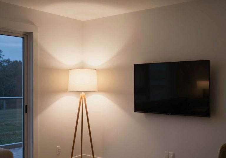 An interior shot of a North American / US house at dusk, where the soft off-white walls are illuminated by the warm light of a modern lamp and a television screen.
