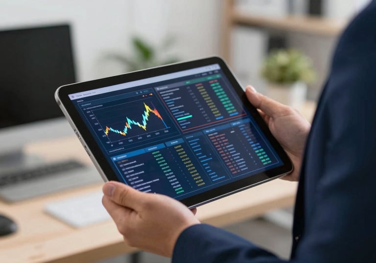 A close-up of a tablet screen showing a vibrant, high-contrast data visualization. The device is held by a professional in a sharp navy blazer, North American office setting.