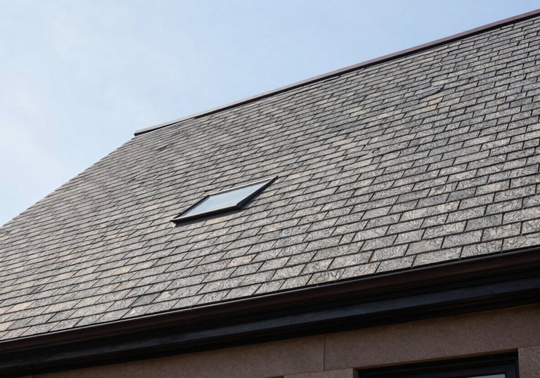 A low-angle photo of a completed luxury shingle roof on a Brooklyn brownstone, showcasing clean lines and professional craftsmanship under a bright sun, North American / New York City.