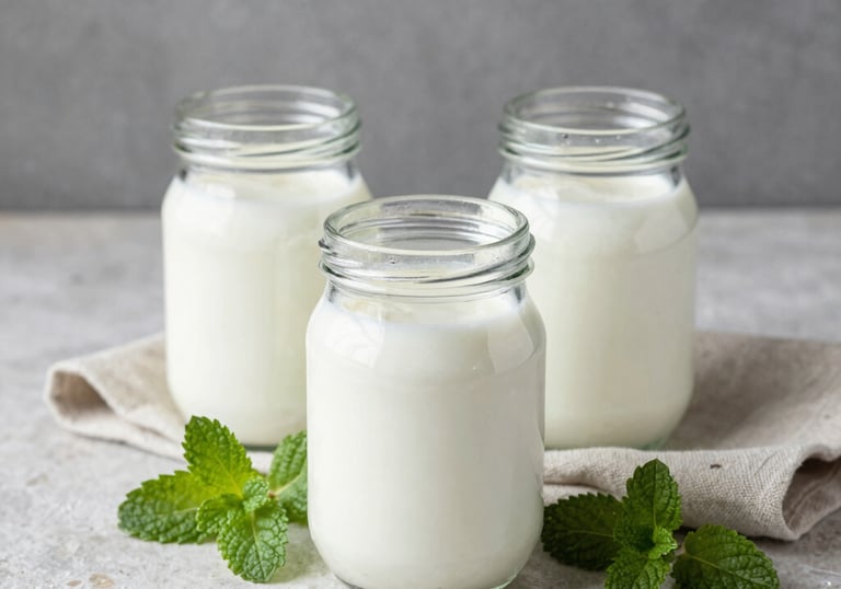 Still life with glass jars of fresh kefir, green mint leaves, and a linen napkin on a light stone surface, minimalist and clean aesthetic.