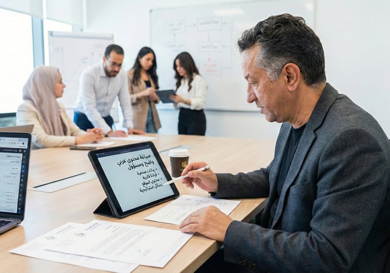 “A content team gathered around a table, drafting Arabic text with laptops and papers spread out.
