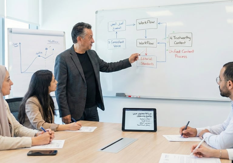 Members of a corporate communications team discussing brand strategy with a tablet and printed materials.
