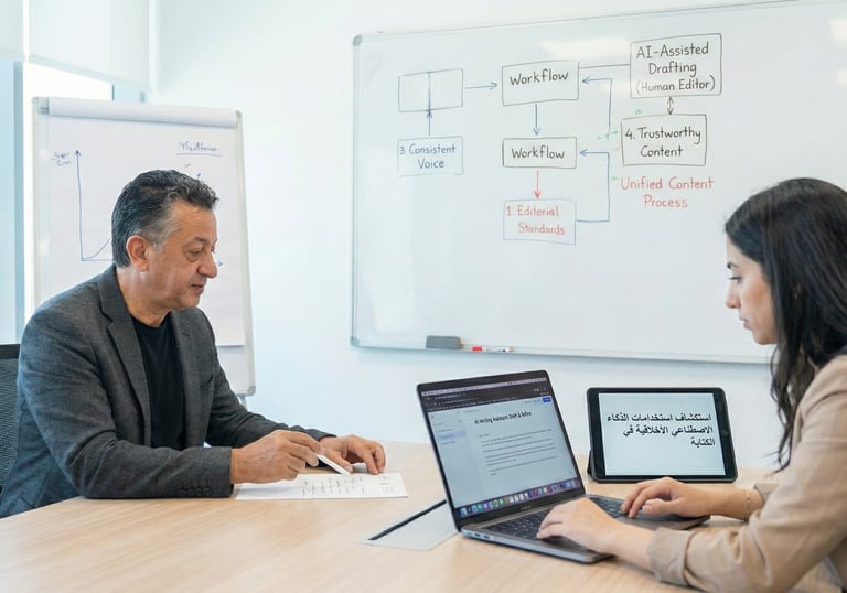 A group of professionals using a laptop to explore AI applications in communication.