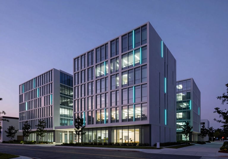 A professional architectural photograph of a minimalist, high-tech campus building in the US at dusk, glowing with subtle electric cyan and purple lights.