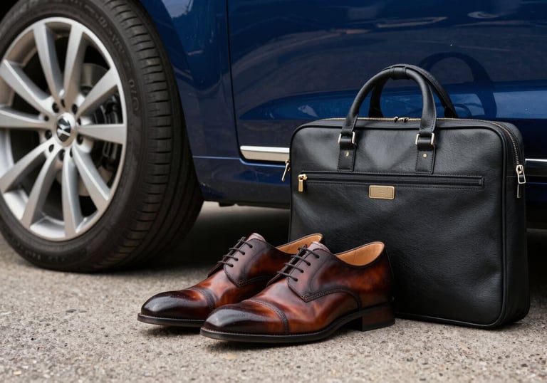 A luxury lifestyle detail showing a pair of polished leather shoes and a high-quality briefcase next to a dark blue executive car in a North American setting.