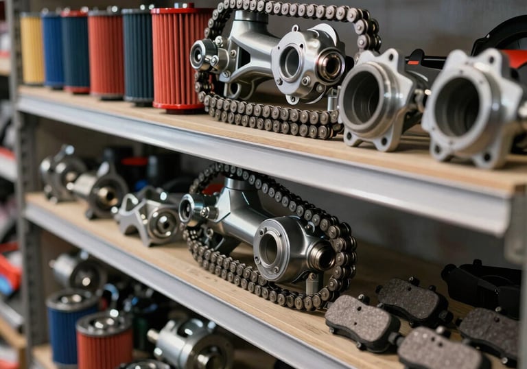 A shelf filled with brand-new, high-quality motorcycle parts such as chains, filters, and brake pads in a South American / Brazilian store environment. Organized and professional.