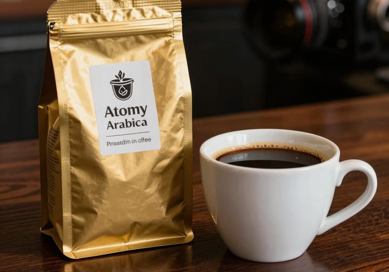 A warm, detailed shot of a cup of healthy Atomy Arabica coffee beside its premium gold-leaf packaging on a polished dark wood surface.
