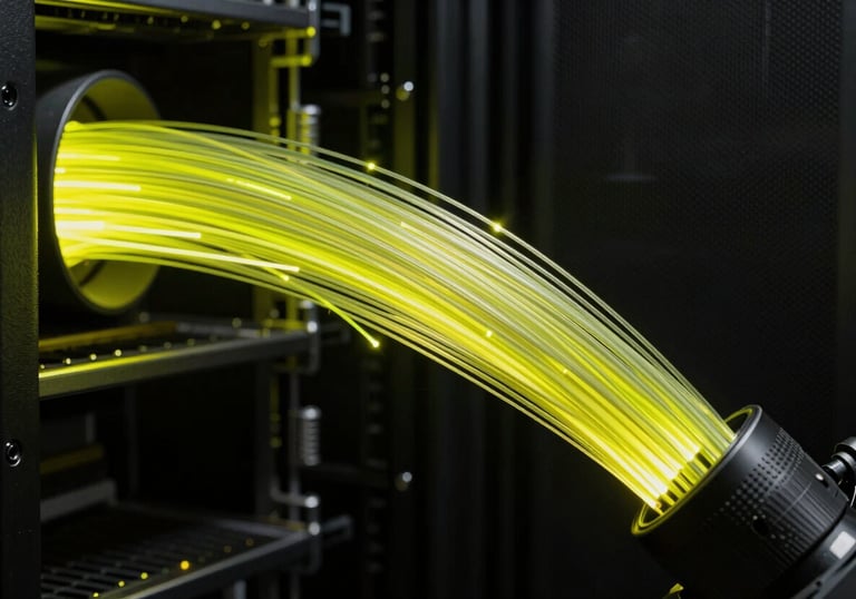 Photography of a high-speed fiber optic cable array in a dark data center, with intense neon yellow light pulsing through the translucent wires against a black environment.