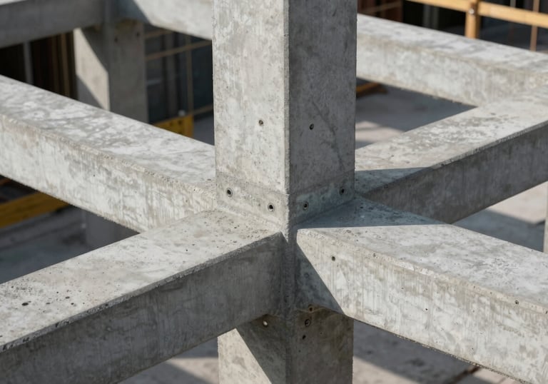 Detail shot of high-quality concrete finishing and steel structural joints in a modern South American infrastructure project, showcasing professional workmanship.