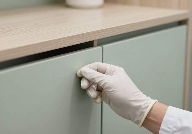 A close-up of a technician's hand wearing a clean white glove, carefully inspecting a high-end wooden cabinet in a luxury suite. The focus is on precision and care. Color palette includes Mist White and Soft Sage.