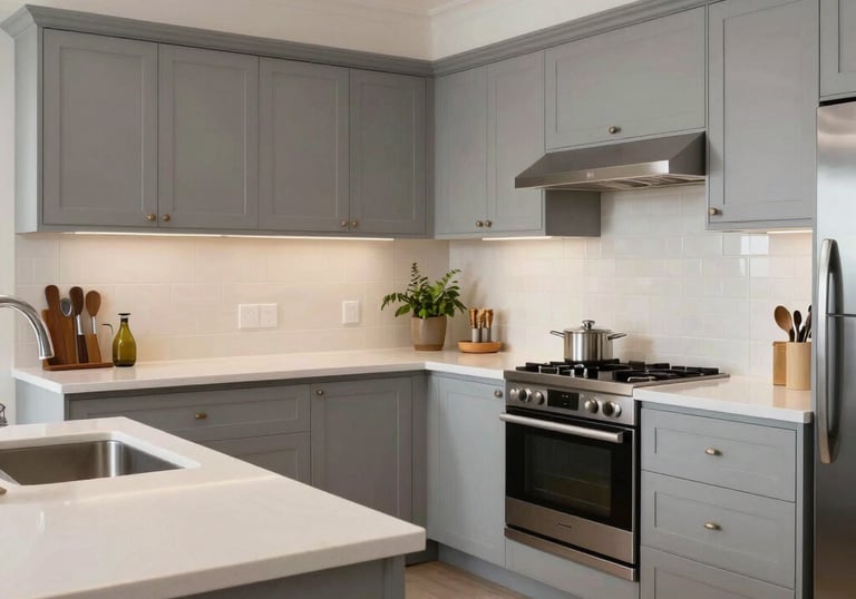 A wide shot of a sparkling clean, modern Australian kitchen with light gray cabinetry and off-white counters, illustrating a fresh home.