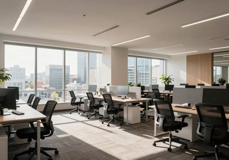 A wide-angle, bright, and airy open-plan office in an American tech hub with sunlight streaming in, featuring modern ergonomic furniture and a clean aesthetic.