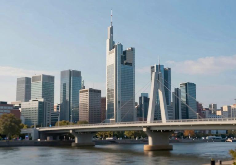 A symbolic image showing a bridge connecting a modern office in Germany with an Asian cityscape, rendered in a professional, slightly abstract architectural style with brand colors.