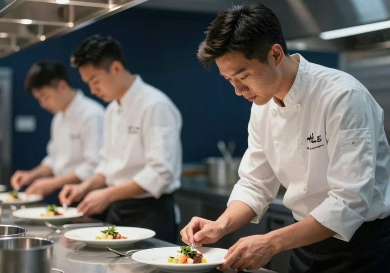 A professional gastronomy scene showing a high-end restaurant staff working with precision and joy. Clean, sophisticated lighting with deep navy and steel tones.