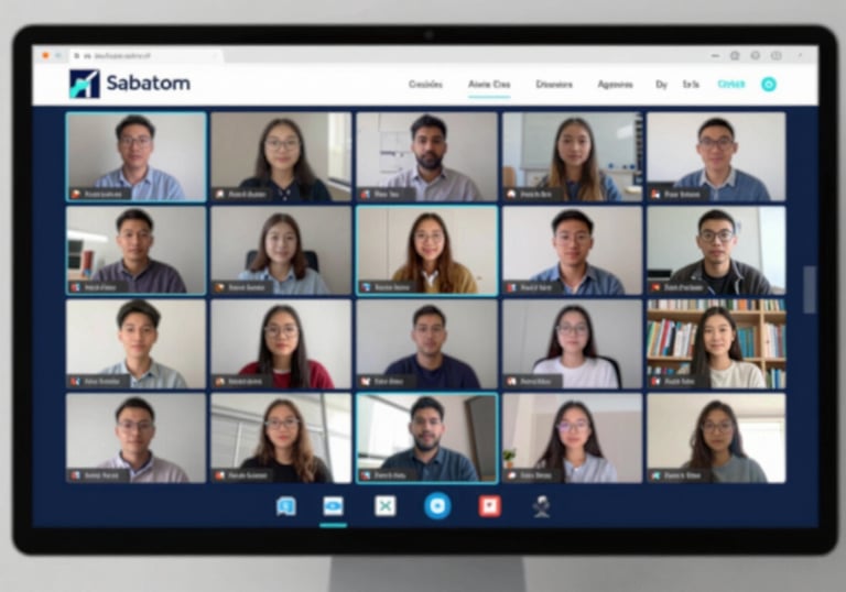 A focused shot of a digital screen showing a virtual classroom with students in Asia learning German. The scene is bright and professional, incorporating the brand's navy (#0C2E4D) and light blue (#A9D6E5) palette.