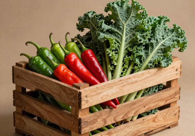 A high-quality studio shot of a rustic wooden crate filled with vibrant, fresh Indonesian organic vegetables including bird's eye chilies and kale, warm lighting with tan accents.