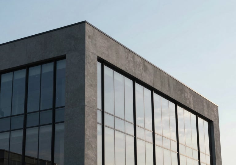 A sleek, minimalist North American / US office building exterior reflecting a clear sky, highlighting clean lines and a professional Slate Grey palette.
