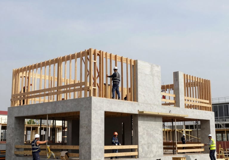 Close-up of hands reviewing blueprints on a construction site with tools nearby.