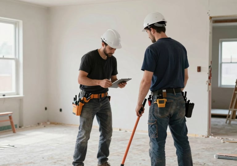 Close-up of hands reviewing blueprints on a construction site with tools nearby.