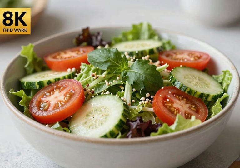 A lifestyle photograph of a healthy, colorful salad in a ceramic bowl, symbolizing nutrition and vitality. Bright, natural lighting with a soft background.