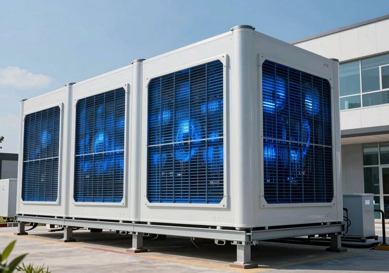 Modern green technology: a high-efficiency power cooling system in a North American corporate office, lit with sky blue and white light to emphasize sustainability.