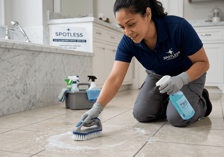 Professional cleaner scrubbing bathroom floor tiles with a brush and spray for grout cleaning services.