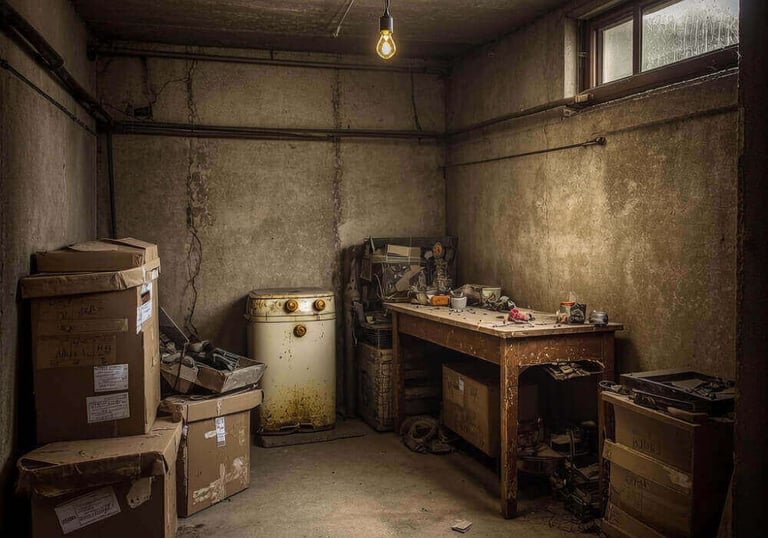A dimly lit unfinished basement featuring a single light bulb, wooden workbench, and cardboard storage boxes.