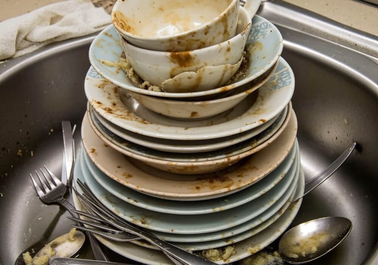 A stack of dirty plates and mugs with silverware in a stainless steel kitchen sink.