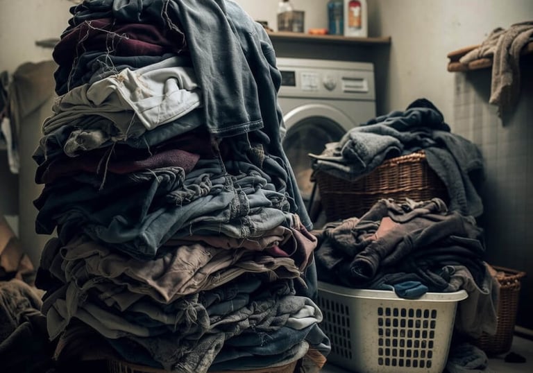 A large pile of messy clothes stacked in a laundry room with a washing machine and baskets.