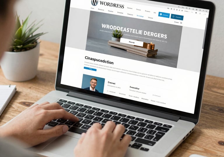 Modern workspace with laptop displaying a sleek website design and coffee mug nearby.