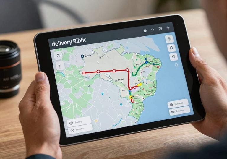 A digital tracking interface shown on a sleek tablet held by a person in a professional environment, showing a delivery route over a map of Brazil.