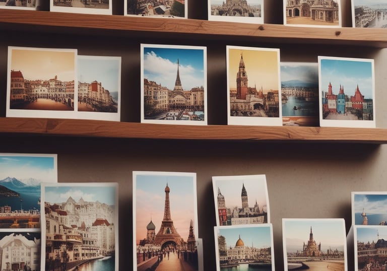 A vibrant display of colorful postcards and framed prints arranged on a wooden table.