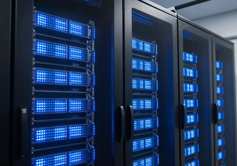 A high-end data center or server room showing glowing medium blue and ice blue LED lights, representing the technological infrastructure of the company, clean and futuristic photography.