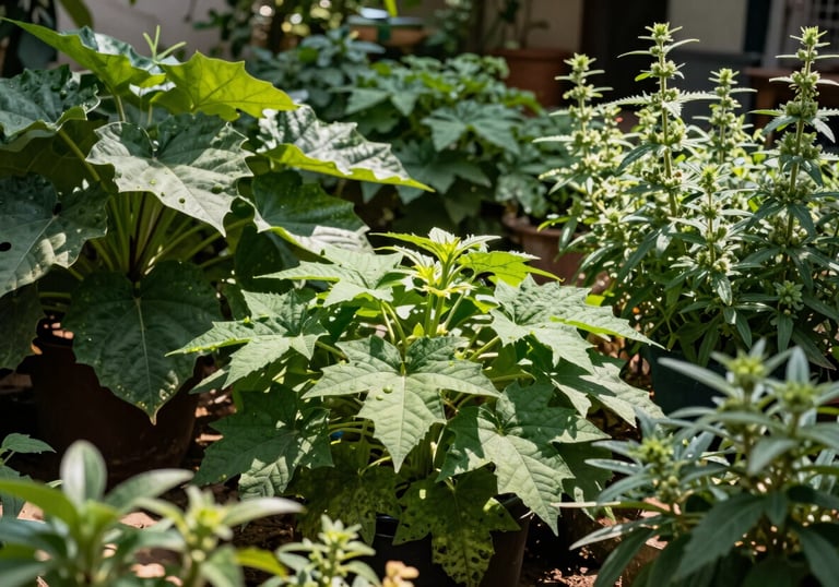 A lush green herb garden in a South Asian courtyard, with bright sunlight filtering through large green leaves and medicinal shrubs.