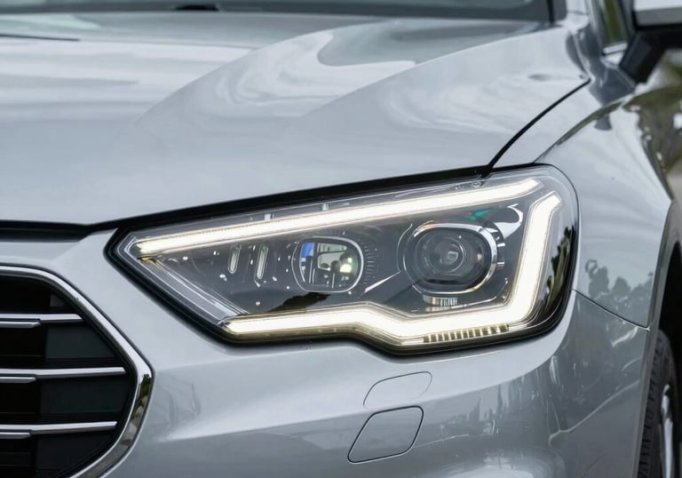 A close-up of a modern car headlight with LED accents, reflecting a clean North American suburban environment, sleek and technological look.